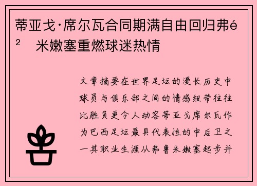 蒂亚戈·席尔瓦合同期满自由回归弗鲁米嫩塞重燃球迷热情