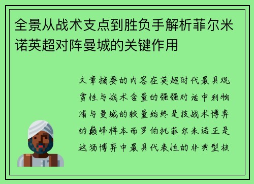 全景从战术支点到胜负手解析菲尔米诺英超对阵曼城的关键作用 全景从战术支点到胜负手解析菲尔米诺英超对阵曼城的关键作用